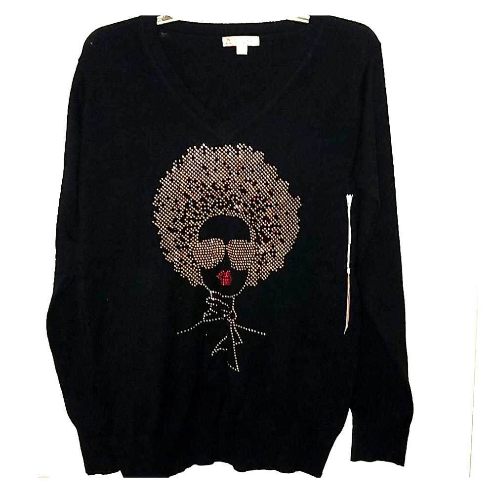 Afro Lady *Gold Rhinestone V-Neck Sweater